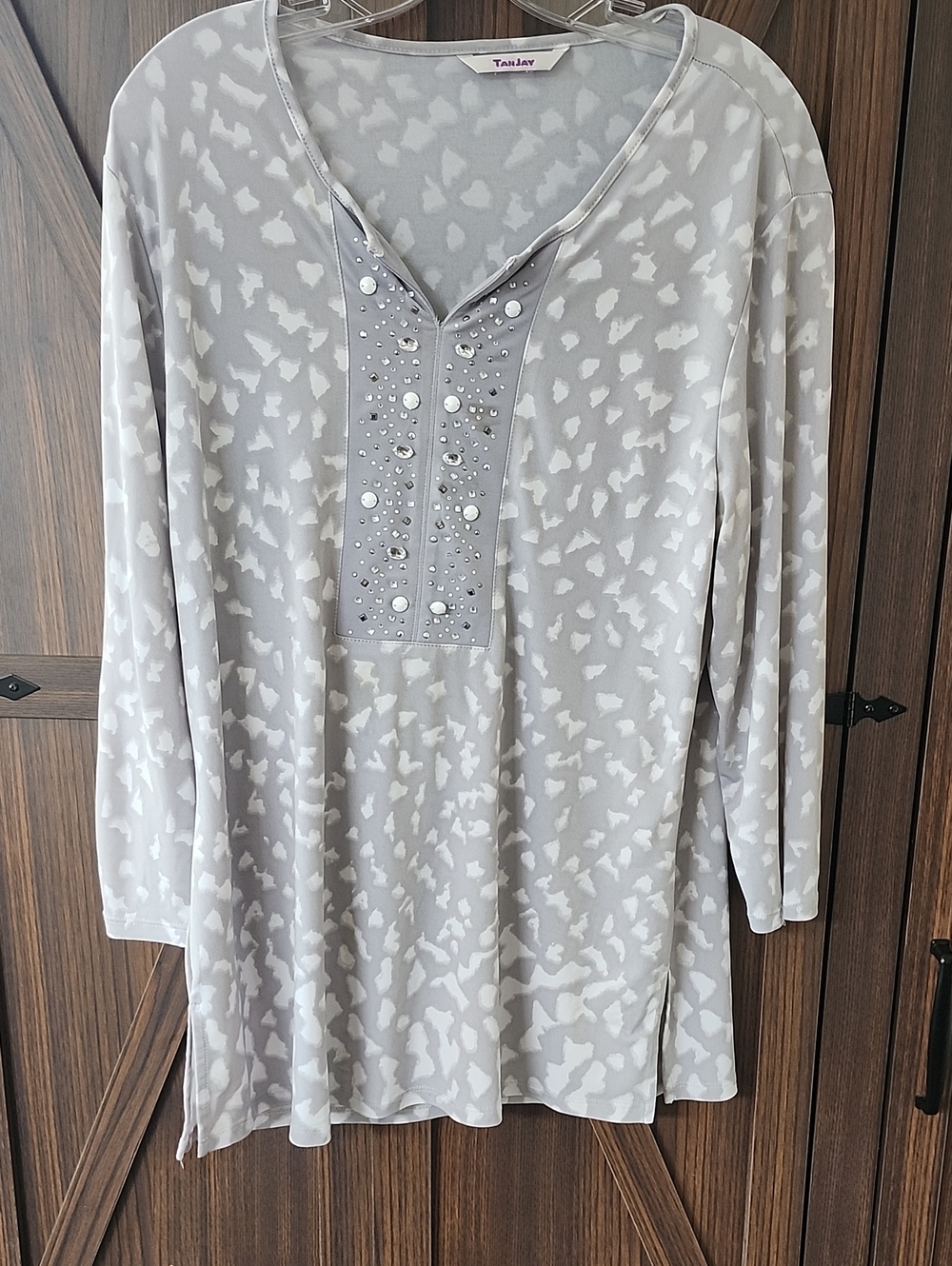 TanJay Light Gray Printed Long Sleeve Henley with Embellished Placket